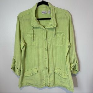 Chicos Womens 100% Linen Lime Green Jacket Lightweight Button Down Size Large 12